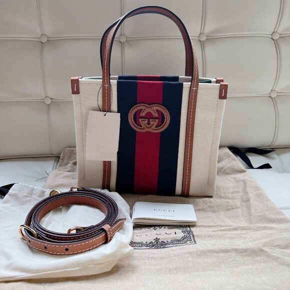 GUCCI GG Interlocking 2 Way Small Shoulder Tote Bag 727728 Canvas Beige/Blue/Red - Picture 2 of 9
